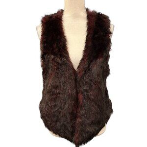 Me Jane Faux Fur Vest Womens L Burgundy Black Open Front Festival‎ Boho Hippie